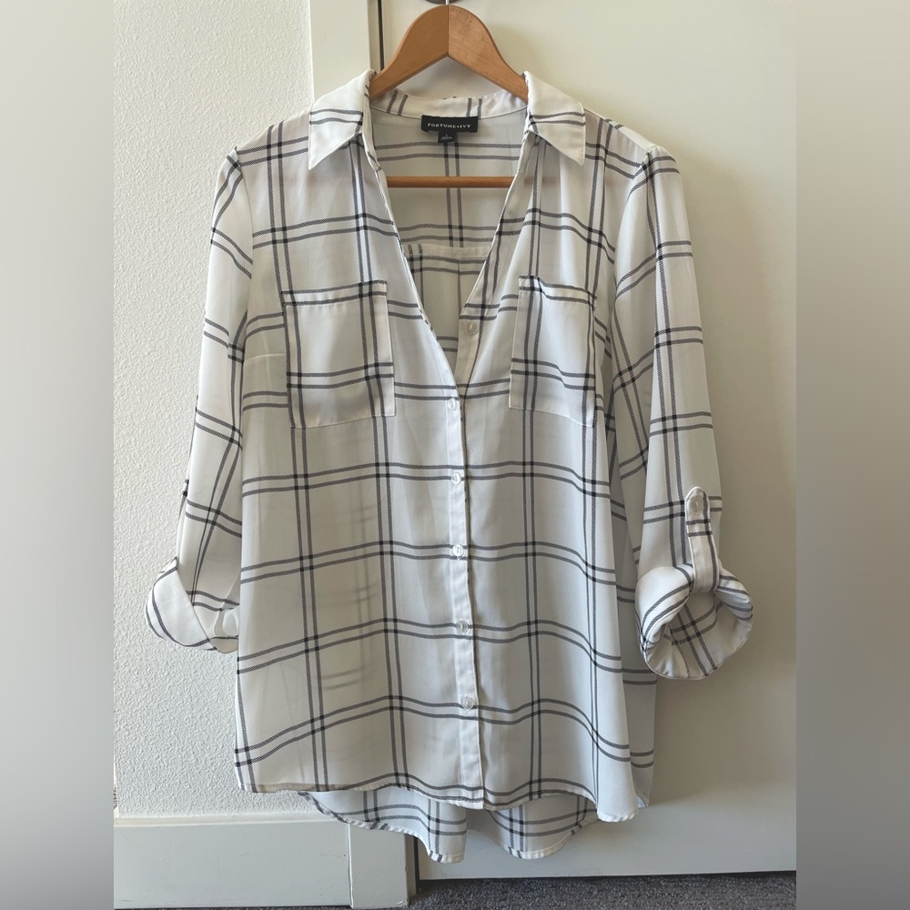 Fortune + Ivy White Plaid Blouse - 3/4 Sleeve Size L